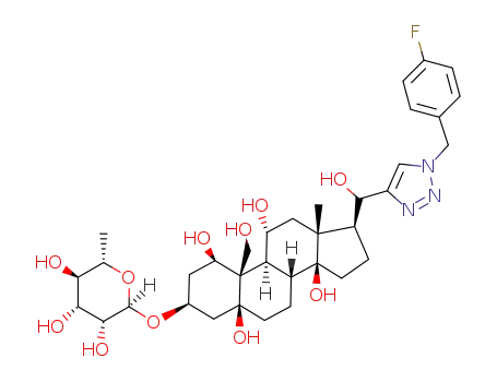 Molecular Structure of 1526915-18-3 ((1R,3S,5S,8R,9S,10R,11R,13R,14S,17S)-17-((1-(4-fluorobenzyl)-1H-1,2,3-triazol-4-yl)(hydroxy)methyl)-10-(hydroxymethyl)-13-methyl-3-(((2R,3R,4R,5R,6S)-3,4,5-trihydroxy-6-methyltetrahydro-2H-pyran-2-yl)oxy)tetradecahydro-5H-cyclopenta[a]phenanthrene-1,5,11,14(2H)-tetraol)