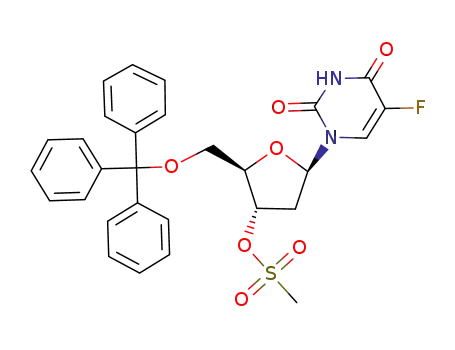 Molecular Structure of 101039-89-8 (1-(2-deoxy-3-O-methanesulfonyl-5-O-trityl-β-D-ribopentofuranosyl)-5-fluorouracil)