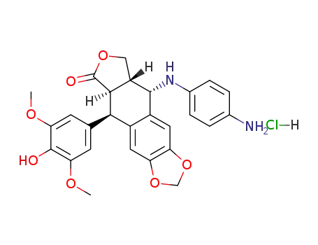 Molecular Structure of 127882-79-5 (Furo[3',4':6,7]naphtho[2,3-d]-1,3-dioxol-6(5aH)-one,9-[(4-aminophenyl)amino]-5,8,8a,9-tetrahydro-5-(4-hydroxy-3,5-dimethoxyphenyl)-,monohydrochloride, (5R,5aR,8aS,9S)- (9CI))