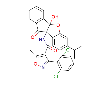 Molecular Structure of 1416233-43-6 (3-(2,6-dichlorophenyl)-N-(4b-hydroxy-7-isopropyl-10-oxo-9b,10-dihydro-4bH-benzo[d]indeno[1,2-b]furan-9b-yl)-5-methylisooxazole-4-carboxamide)