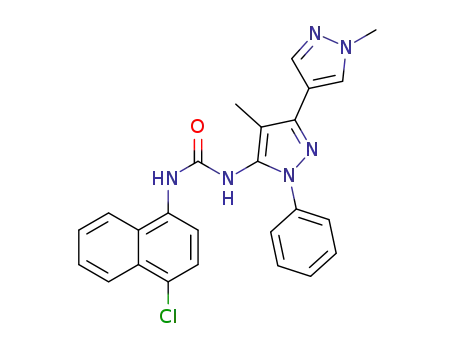 Molecular Structure of 1610591-17-7 (1-(4-chloronaphthalen-1-yl)-3-(1',4-dimethyl-1-phenyl-1H,1'H-[3,4'-bipyrazol]-5-yl)urea)