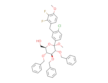 Molecular Structure of 1358579-90-4 ([(2R,3R,4S,5R,6S)-3,4,5-tribenzyloxy-6-[4-chloro-3-[(2,3-difluoro-4-methoxy-phenyl)methyl]phenyl]-6-methoxy-tetrahydropyran-2-yl]methanol)