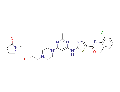 Molecular Structure of 1613319-05-3 (N-(2-chloro-6-methylphenyl)-2-[[6-[4-(2-hydroxyethyl)-1-piperazinyl]-2-methyl-4-pyrimidinyl]amino]-5-thiazole carboxamide N-methyl-2-pyrrolidone)