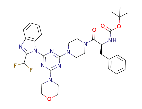 Molecular Structure of 1416956-15-4 ((S)-tert-butyl (1-(4-(4-(2-(difluoromethyl)-1H-benzo[d]imidazol-1-yl)-6-morpholino-1,3,5-triazin-2-yl)piperazin-1-yl)-1-oxo-3-phenylpropan-2-yl)carbamate)
