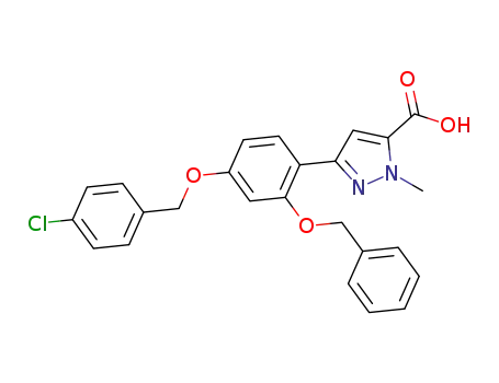 Molecular Structure of 821780-21-6 (1H-Pyrazole-5-carboxylic acid,
3-[4-[(4-chlorophenyl)methoxy]-2-(phenylmethoxy)phenyl]-1-methyl-)
