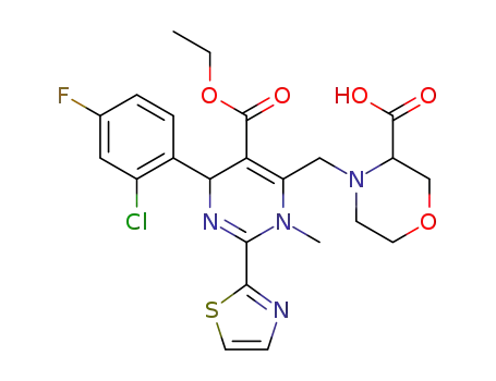 Molecular Structure of 1571213-20-1 (4-((6-(2-chloro-4-fluorophenyl)-5-(ethoxycarbonyl)-3-methyl-2-(thiazol-2-yl)-3,6-dihydropyrimidin-4-yl)methyl)morpholine-3-carboxylic acid)