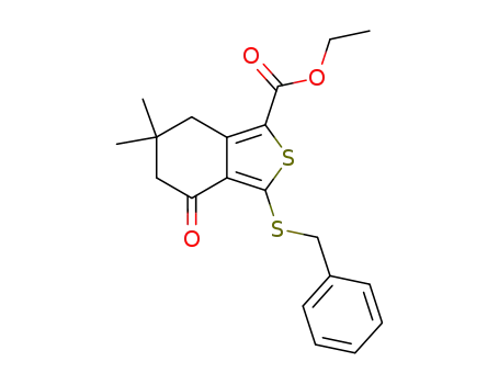 Molecular Structure of 172516-45-9 (ETHYL 3-(BENZYLTHIO)-6,6-DIMETHYL-4-OXO-4,5,6,7-TETRAHYDROBENZO[C]THIOPHENE-1-CARBOXYLATE)