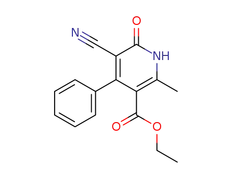 Molecular Structure of 78942-35-5 (3-Pyridinecarboxylic acid,
5-cyano-1,6-dihydro-2-methyl-6-oxo-4-phenyl-, ethyl ester)