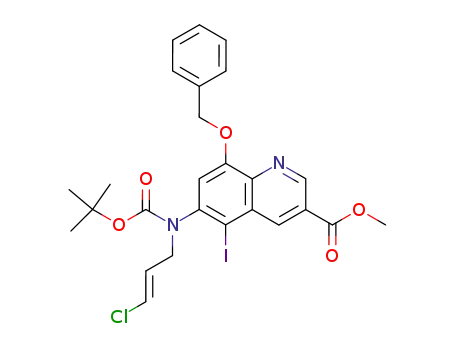 Molecular Structure of 280573-11-7 (methyl 8-(benzyloxy)-6-[N-(tert-butyloxycarbonyl)-N-(E-3-chloro-2-propenyl)amino]-5-iodoquinoline-3-carboxylate)