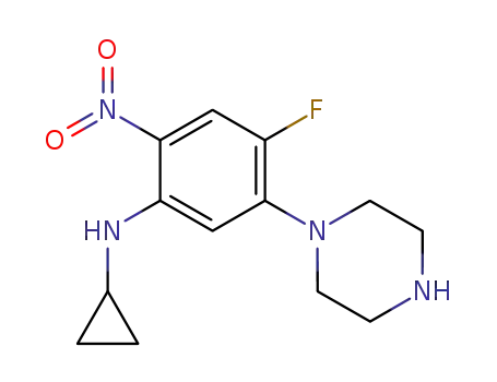 Molecular Structure of 135861-05-1 (Benzenamine, N-cyclopropyl-4-fluoro-2-nitro-5-(1-piperazinyl)-)