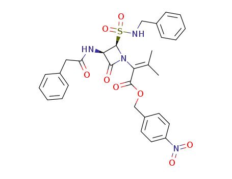 Molecular Structure of 153785-27-4 (2-((2R,3R)-2-Benzylsulfamoyl-4-oxo-3-phenylacetylamino-azetidin-1-yl)-3-methyl-but-2-enoic acid 4-nitro-benzyl ester)