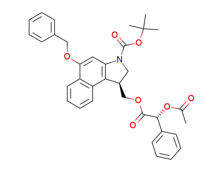 Molecular Structure of 128228-76-2 (5-(benzyloxy)-3-(tert-butyloxycarbonyl)-1-(hydroxymethyl)-1,2-dihydro-3H-benz<e>indole, (R)-(-)-O-acetylmandelate ester)