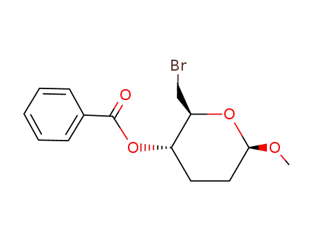 Molecular Structure of 142573-09-9 (2H-Pyran-3-ol, 2-(bromomethyl)tetrahydro-6-methoxy-, benzoate,
(2S,3S,6R)-)