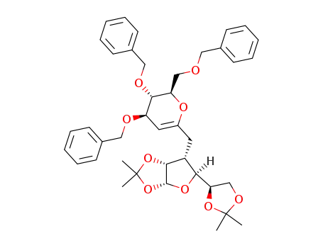 Molecular Structure of 365418-29-7 ((3aR,5S,6R,6aR)-6-((4R,5S,6R)-4,5-Bis-benzyloxy-6-benzyloxymethyl-5,6-dihydro-4H-pyran-2-ylmethyl)-5-((R)-2,2-dimethyl-[1,3]dioxolan-4-yl)-2,2-dimethyl-tetrahydro-furo[2,3-d][1,3]dioxole)