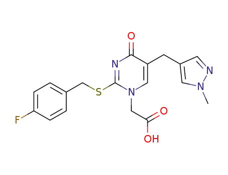 Molecular Structure of 304694-07-3 (1-(carboxymethyl)-2-(4-fluorobenzylthio)-5-((1-methylpyrazol-4-yl)methyl)-pyrimidin-4-one)