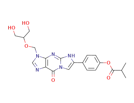 Molecular Structure of 476360-70-0 (isobutyric acid 4-[3-(2-hydroxy-1-hydroxymethyl-ethoxymethyl)-8-oxo-5,8-dihydro-3<i>H</i>-1,3,4,5,7a-pentaaza-<i>s</i>-indacen-6-yl]-phenyl ester)