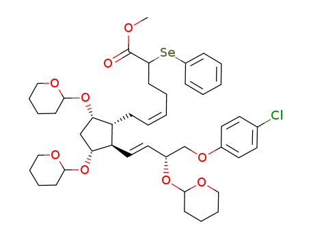 Molecular Structure of 62525-20-6 (5-Heptenoic acid,
7-[2-[4-(4-chlorophenoxy)-3-[(tetrahydro-2H-pyran-2-yl)oxy]-1-butenyl]-3,
5-bis[(tetrahydro-2H-pyran-2-yl)oxy]cyclopentyl]-2-(phenylseleno)-,
methyl ester)