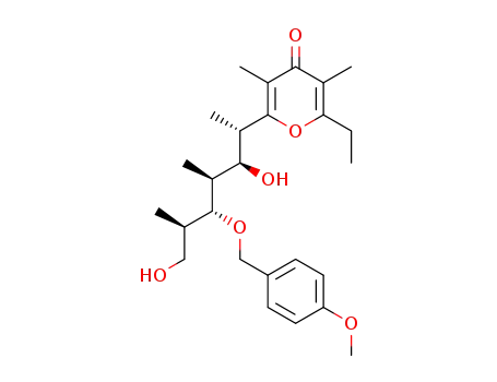 Molecular Structure of 275355-99-2 (4H-Pyran-4-one,
2-[(1S,2S,3S,4R,5R)-2,6-dihydroxy-4-[(4-methoxyphenyl)methoxy]-1,3,
5-trimethylhexyl]-6-ethyl-3,5-dimethyl-)