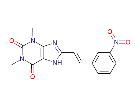 Molecular Structure of 147700-01-4 (1H-Purine-2,6-dione,
3,7-dihydro-1,3-dimethyl-8-[(1E)-2-(3-nitrophenyl)ethenyl]-)