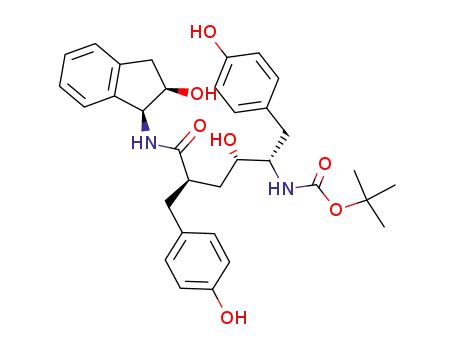 Molecular Structure of 126410-13-7 (N-(2(R)-hydroxy-1(S)-indanyl)-5(S)-<(tert-butyloxycarbonyl)amino>-4(S)-hydroxy-6-(4-hydroxyphenyl)-2(R)-<(4-hydroxyphenyl)methyl>hexanamide)