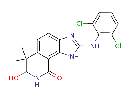Molecular Structure of 333458-25-6 (9H-Imidazo[4,5-h]isoquinolin-9-one,
2-[(2,6-dichlorophenyl)amino]-1,6,7,8-tetrahydro-7-hydroxy-6,6-dimethyl
-)
