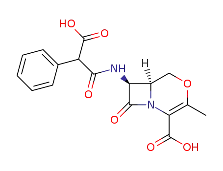 Molecular Structure of 62283-15-2 (4-Oxa-1-azabicyclo[4.2.0]oct-2-ene-2-carboxylic acid,
7-[(carboxyphenylacetyl)amino]-3-methyl-8-oxo-)