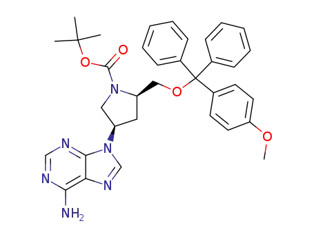 Molecular Structure of 135042-26-1 (N-(tert-butoxycarbonyl)-O-<(4-methoxyphenyl)diphenylmethyl>-cis-4-(6-amino-9H-purin-9-yl)-D-prolinol)
