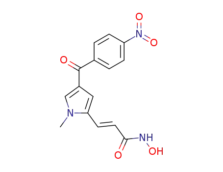 Molecular Structure of 128843-55-0 (2-Propenamide,
N-hydroxy-3-[1-methyl-4-(4-nitrobenzoyl)-1H-pyrrol-2-yl]-, (2E)-)