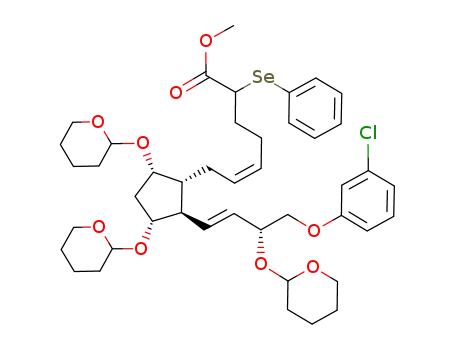 Molecular Structure of 62559-75-5 (7-[2-[4-(3-Chlorophenoxy)-3-[(tetrahydro-2H-pyran-2-yl)oxy]-1-butenyl]-3,5-bis[(tetrahydro-2H-pyran-2-yl)oxy]cyclopentyl]-2-phenylseleno-5-heptenoic acid methyl ester)