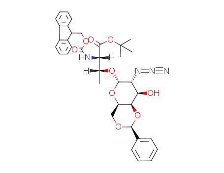Molecular Structure of 195976-07-9 (O-(2-Azido-4,6-O-benzylidene-2-deoxy-alpha-D-galactopyranosyl)-N-Fmoc-L-threonine tert-Butyl Ester)