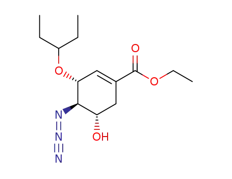 Molecular Structure of 204255-00-5 (1-Cyclohexene-1-carboxylic acid,
4-azido-3-(1-ethylpropoxy)-5-hydroxy-, ethyl ester, (3R,4R,5S)-)