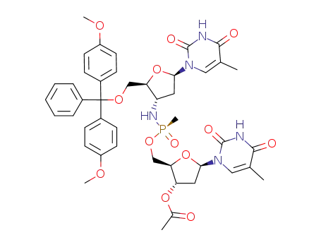 Molecular Structure of 211575-74-5 (N-[5'-O-(4,4'-dimethoxytrityl)-3'-amino-3'-deoxythymidin-3'-yl]-O-(3'-O-acetylthymidin-5'-yl)-methanephosphonamidate)