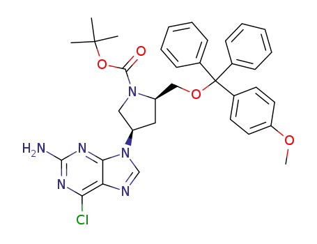 Molecular Structure of 135042-24-9 (N-(tert-butoxycarbonyl)-O-<(4-methoxyphenyl)diphenylmethyl>-cis-4-(2-amino-6-chloro-9H-purin-9-yl)-D-prolinol)