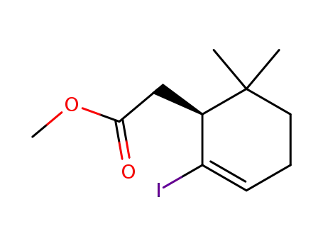 Molecular Structure of 874362-19-3 (2-Cyclohexene-1-acetic acid, 2-iodo-6,6-dimethyl-, methyl ester, (1S)-)