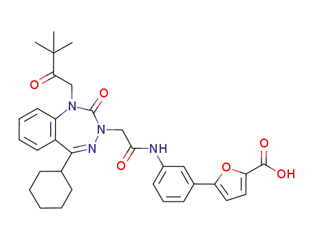 Molecular Structure of 528885-24-7 (2-Furancarboxylic acid,
5-[3-[[[5-cyclohexyl-1-(3,3-dimethyl-2-oxobutyl)-1,2-dihydro-2-oxo-3H-1,
3,4-benzotriazepin-3-yl]acetyl]amino]phenyl]-)