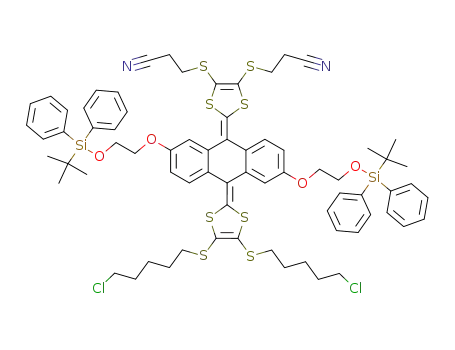 Molecular Structure of 905588-87-6 (2,6-bis{2-[(tert-butyldiphenylsilyl)oxy]ethoxy}-9-[4,5-bis(5-chloropentylsulfanyl)-1,3-dithiol-2-ylidene]-10-[4,5-bis(2-cyanoethylsulfanyl)-1,3-dithiol-2-ylidene]-9,10-dihydroanthracene)