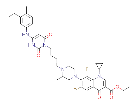 1-cyclopropyl-7-(4-{4-[4-(3-ethyl-4-methyl-phenylamino)-2,6-dioxo-3,6-dihydro-2<i>H</i>-pyrimidin-1-yl]-butyl}-3-methyl-piperazin-1-yl)-6,8-difluoro-4-oxo-1,4-dihydro-quinoline-3-carboxylic acid ethyl ester