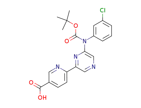 Molecular Structure of 405939-78-8 (3-Pyridinecarboxylic acid,
6-[6-[(3-chlorophenyl)[(1,1-dimethylethoxy)carbonyl]amino]pyrazinyl]-)