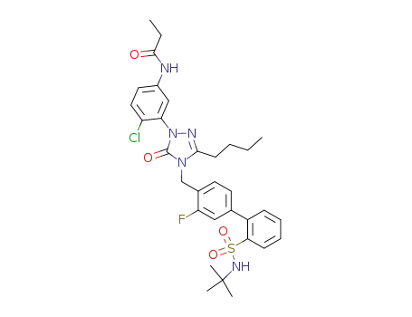 Molecular Structure of 159547-33-8 (5-n-Butyl-4-[[2'-(N-t-butylsulfamoyl)-3-fluorobiphenyl-4-yl]methyl]-2-[2-chloro-5-(propionylamino)phenyl]-2,4-dihydro-3H-1,2,4-triazol-3-one)