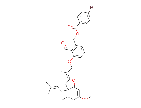 Molecular Structure of 857651-85-5 (4-Bromo-benzoic acid 2-formyl-3-{(E)-4-[4-methoxy-6-methyl-1-(3-methyl-but-2-enyl)-2-oxo-cyclohex-3-enyl]-2-methyl-but-2-enyloxy}-benzyl ester)