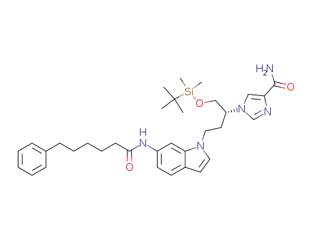 Molecular Structure of 294862-54-7 (1-[(R)-1-(tert-butyldimethylsilyloxy)-4-(6-(6-phenylhexanoylamino)indol-1-yl)-2-butyl]imidazole-4-carboxamide)