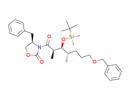 Molecular Structure of 844439-32-3 (2-Oxazolidinone,
3-[(2R,3S,4S)-3-[[(1,1-dimethylethyl)dimethylsilyl]oxy]-2,4-dimethyl-1-ox
o-7-(phenylmethoxy)heptyl]-4-(phenylmethyl)-, (4R)-)
