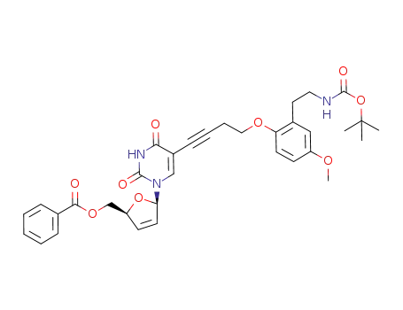 5-{4-[2-(2-(tert-butoxycarbonylamino)ethyl)-4-methoxyphenoxy]but-1-ynyl}-5'-O-benzoyl-2',3'-didehydro-2',3'-dideoxyuridine
