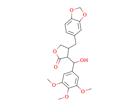 Molecular Structure of 144539-72-0 (4-Benzo[1,3]dioxol-5-ylmethyl-3-[hydroxy-(3,4,5-trimethoxy-phenyl)-methyl]-dihydro-furan-2-one)