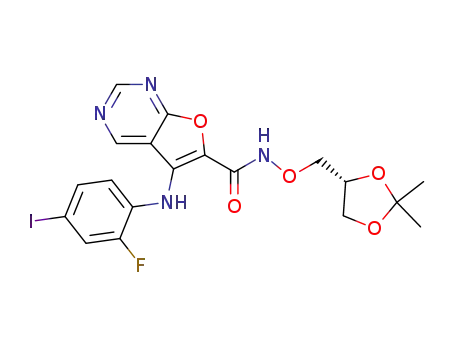 Molecular Structure of 1009335-89-0 (5-(2-fluoro-4-iodo-phenylamino)-furo[2,3-d]pyrimidine-6-carboxylic acid ((R)-2,2-dimethyl-[1,3]dioxolan-4-ylmethoxy)-amide)