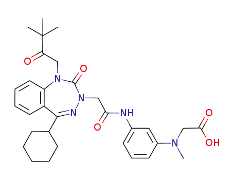 Molecular Structure of 528884-14-2 (Glycine,
N-[3-[[[5-cyclohexyl-1-(3,3-dimethyl-2-oxobutyl)-1,2-dihydro-2-oxo-3H-1,
3,4-benzotriazepin-3-yl]acetyl]amino]phenyl]-N-methyl-)