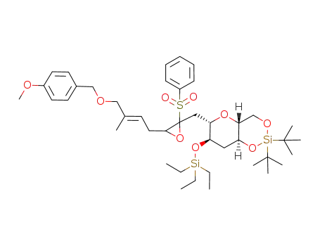 Molecular Structure of 865362-16-9 ((4aR,6S,7R,8aS)-6-{2-Benzenesulfonyl-3-[(E)-4-(4-methoxy-benzyloxy)-3-methyl-but-2-enyl]-oxiranylmethyl}-2,2-di-tert-butyl-7-triethylsilanyloxy-hexahydro-1,3,5-trioxa-2-sila-naphthalene)