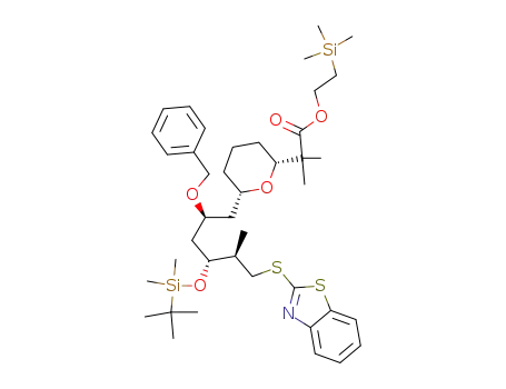 Molecular Structure of 863663-07-4 (2-{(2R,6S)-6-[(2S,4R,5R)-6-(Benzothiazol-2-ylsulfanyl)-2-benzyloxy-4-(tert-butyl-dimethyl-silanyloxy)-5-methyl-hexyl]-tetrahydro-pyran-2-yl}-2-methyl-propionic acid 2-trimethylsilanyl-ethyl ester)