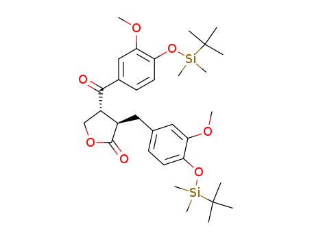 Molecular Structure of 689277-86-9 (2(3H)-Furanone,
4-[4-[[(1,1-dimethylethyl)dimethylsilyl]oxy]-3-methoxybenzoyl]-3-[[4-[[(1,1
-dimethylethyl)dimethylsilyl]oxy]-3-methoxyphenyl]methyl]dihydro-,
(3R,4R)-)