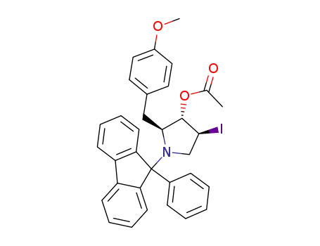 Molecular Structure of 737805-71-9 (Acetic acid (2S,3S,4S)-4-iodo-2-(4-methoxy-benzyl)-1-(9-phenyl-9H-fluoren-9-yl)-pyrrolidin-3-yl ester)